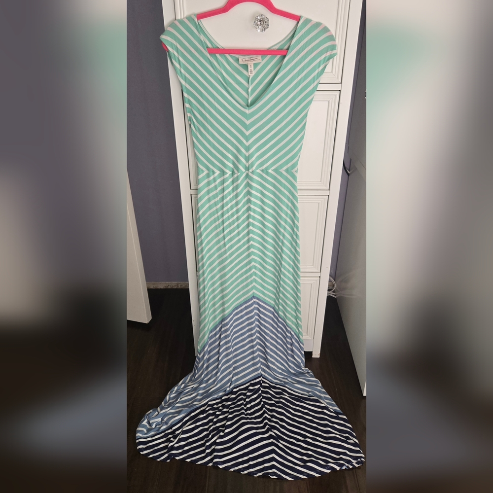 Jessica Simpson Maternity Mint and Blue Stripe Maxi Dress Size M